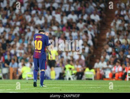 Barcelonas argentinischer Stürmer Lionel Messi Wahn während der zweiten Etappe des spanischen Supercup-Fußballspiels Real Madrid gegen den FC Barcelona im Santiago Bernabeu-Stadion in Madrid am 16. August 2017. (Foto von Raddad Jebarah/NurPhoto) Stockfoto