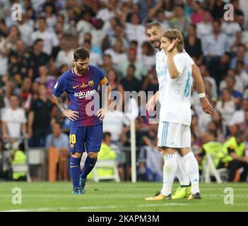 Barcelonas argentinischer Stürmer Lionel Messi Wahn während der zweiten Etappe des spanischen Supercup-Fußballspiels Real Madrid gegen den FC Barcelona im Santiago Bernabeu-Stadion in Madrid am 16. August 2017. (Foto von Raddad Jebarah/NurPhoto) Stockfoto