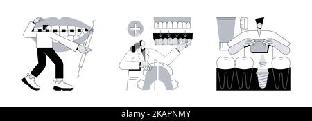 Kieferorthopädische Pflege Verfahren abstrakte Konzept Vektor Illustration Set. Zahnspangen und Zahnplatte, Zahnprothesen Implantate, Kids Brackets, Zahnersatz, kosmetische Zahnmedizin abstrakte Metapher. Stock Vektor