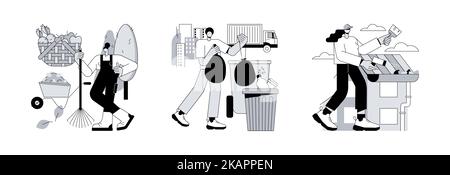 Herbst Garten Wartung abstraktes Konzept Vektor Illustration Set. Herbst-Reinigung, Junk-Entfernung, Rinne Reinigung, Mulchen und Blatt Entfernung, Rasenpflege, Hof Abfallentsorgung Service abstrakte Metapher. Stock Vektor