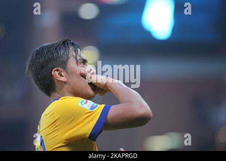 Paulo Dybala (Juventus FC) feiert nach seinem dritten Tor während der Serie A Fußballspiel zwischen Genua FC und Juventus FC im Luigi Ferraris Stadion am 26. august 2017 in Genua, Italien. (Foto von Massimiliano Ferraro/NurPhoto) Stockfoto