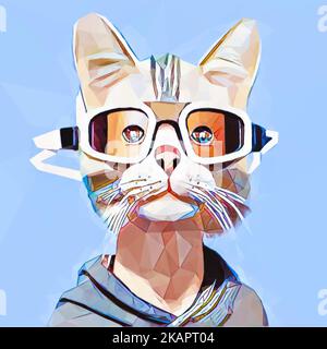 Haustiere mit Charakter. Katze mit Pullover und Brille. Ilustration Vektor in Low Poly Art. Stock Vektor