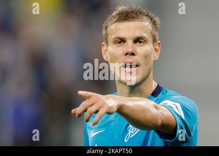 Alexander Kokorin vom FC Zenit Sankt Petersburg Gesten während des Spiels der Russischen Fußballliga zwischen dem FC Zenit Sankt Petersburg und dem FC Rostov im Sankt Petersburger Stadion am 27. August 2017 in Sankt Petersburg, Russland. (Foto von Mike Kireev/NurPhoto) Stockfoto