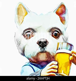 Charakter Haustier. Cartoon-Hund mit einem Glas Bier in den Händen. Vektor in Low Poly Art. Stock Vektor