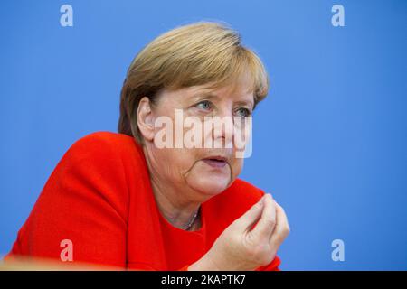 Bundeskanzlerin Angela Merkel spricht während der jährlichen Sommer-Pressekonferenz auf der Bundespressekonferenz in Berlin am 29. August 2017 zu den Medien. (Foto von Emmanuele Contini/NurPhoto) Stockfoto