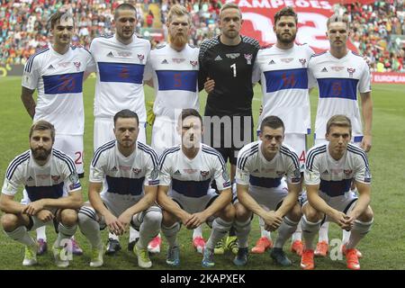 Ilhas Faroe stehen am 31. August 2017 im Bessa sec XXI Stadium in Porto, Portugal, beim Qualifikationsspiel der FIFA Fußball-Weltmeisterschaft Russland 2018 zwischen Portugal und den Färöern an. (Foto von Pedro Lopes / DPI / NurPhoto) Stockfoto