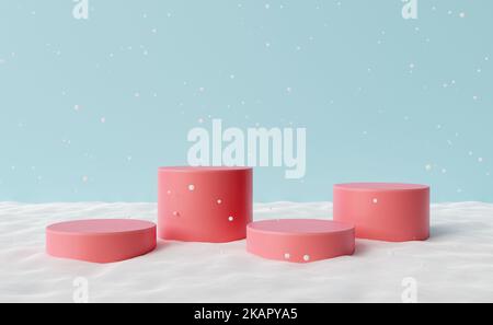 3D Illustration verschiedener runder rosafarbener Stände, die sich unter weißem Schnee am Wintertag vor rosa Hintergrund befinden Stockfoto