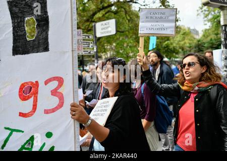 Die Demonstranten halten ein Banner mit einer ZEP 93 (Zone des vorrangigen Bildungsprogramms)-High School aus der Grafschaft Ile de France 93. Streik und Protest vor dem Pariser Regionalbüro, unterstützt vom Abgeordneten der seine Saint Denis, Eric Coquerel. (Foto von Julien Mattia/NurPhoto) Stockfoto