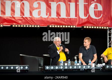 Julien Lauprêtre, Präsident der französischen Vereinigung „Secours Populaire“, nimmt an einer Debatte während des Festivals der Menschlichkeit (Fete de l'Humanite) Teil, einem politischen Ereignis und Musikfestival, das von der Kommunistischen Partei Frankreichs (PCF) am 15. September 2017 in La Courneuve, außerhalb von Paris, organisiert wurde. (Foto von Michel Stoupak/NurPhoto) Stockfoto