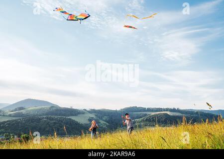 Lächelnde Kinder Schwester mit startenden Bruder mit bunten Drachen - beliebtes Outdoor-Spielzeug auf der hohen Grashügel Wiese. Glückliche Kindheitsmomente oder Outdoo Stockfoto