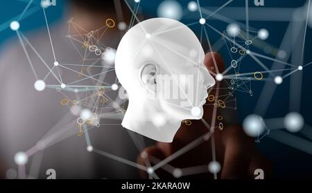 Die Hand, die das modell eines menschlichen Kopfes von 3D berührt. Konzept der Künstlichen Intelligenz. Stockfoto