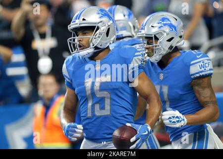 Der Detroit Lions Wide Receiver Golden Tate (15) feiert seinen Touchdown während der zweiten Hälfte eines NFL-Fußballspiels gegen die Atlanta Falcons am 24. September 2017 in Detroit, Michigan. (Foto von Jorge Lemus/NurPhoto) Stockfoto