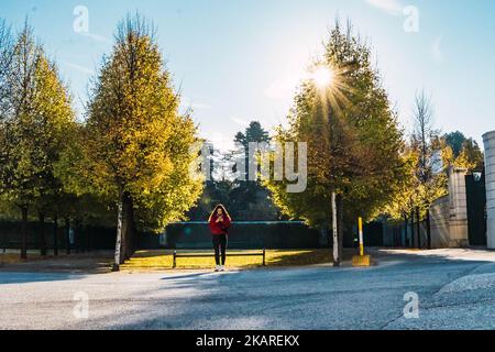 Frau in der Mitte von zwei Bäumen mit der Sonne scheint Stockfoto