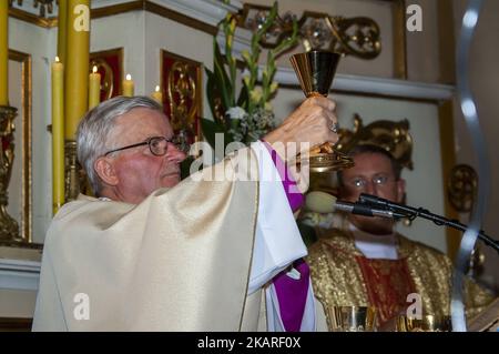 Ostrzeszów, Polska, Polen, Polen; Bischof Teofil Wilski feiert die Heilige Messe; Bischof zelebriert die Heilige Messe; obispo celebra la Santa Misa Stockfoto