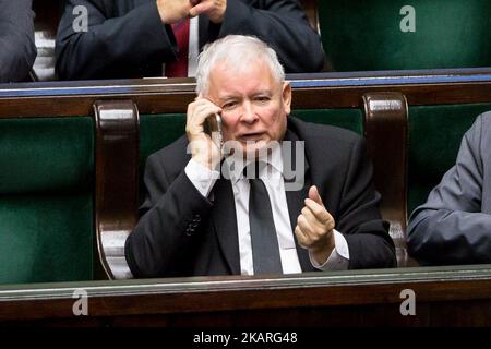 Jaroslaw Kaczynski, Vorsitzender der konservativen Partei „Recht und Gerechtigkeit“ (PiS) aus Polen, am 15. September 2017 im polnischen parlament in Warschau (Foto: Mateusz Wlodarczyk/NurPhoto) Stockfoto