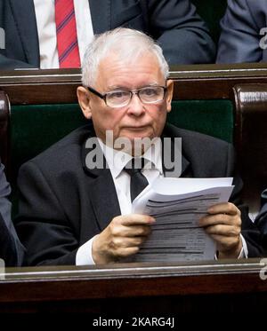 Jaroslaw Kaczynski, Vorsitzender der konservativen Partei „Recht und Gerechtigkeit“ (PiS) aus Polen, am 15. September 2017 im polnischen parlament in Warschau (Foto: Mateusz Wlodarczyk/NurPhoto) Stockfoto