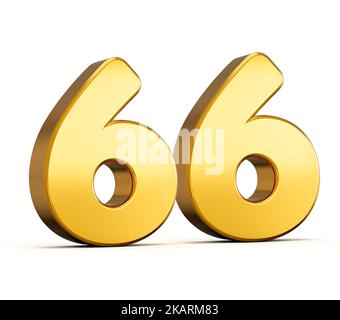 3D Darstellung der goldenen Zahl sechsundsechzig oder 66 isoliert auf weißem Hintergrund mit Schatten. Stockfoto