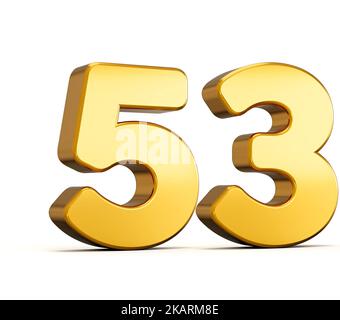 3D Darstellung der goldenen Zahl 53 oder 53 isoliert auf weißem Hintergrund mit Schatten. Stockfoto