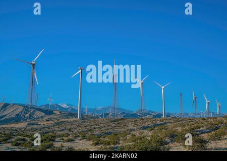 Windturbinen mit Gitterrost- und Stahlrohrtürmen in einer Wüste mit wilden Sträuchern in Kalifornien. Windmühlen auf einer Bergkette gegen das Blau Stockfoto