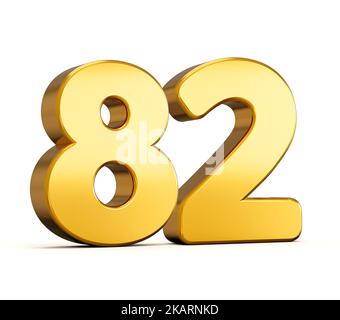 3D Darstellung der goldenen Zahl achtzig zwei oder 82 isoliert auf weißem Hintergrund mit Schatten. Stockfoto
