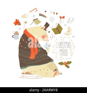 Frohe Weihnachten Grußkarte. Niedlicher Eisbär trägt Pullover beim Lesen des Buches Stock Vektor