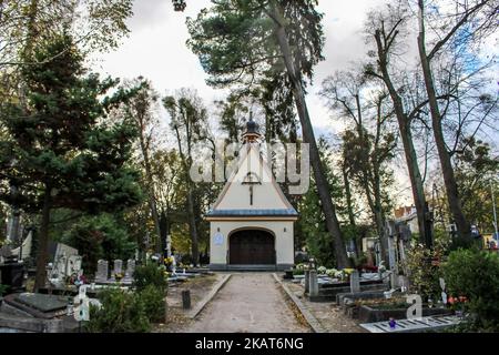 Eine allgemeine Ansicht des Oliwski-Friedhofs in Danzig, Polen, ist am 30. Oktober 2017 zu sehen, da vor dem 1.. November, dem Allerheiligen-Tag (Wszystkich Swieych), die Menschen den toten Familienmitgliedern Respekt zollen, ihre Familiengräber säubern und viele Blumen und Kerzen auf den Gräbern platziert werden. Allerheiligen am 1. November und Allerseelen-Tag am 2. November: Millionen von Polen besuchen die Gräber von Angehörigen und reisen oft Hunderte von Kilometern zu ihren Heimatstädten (Foto: Michal Fludra/NurPhoto) Stockfoto