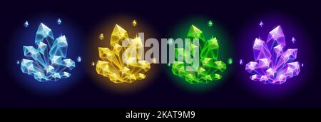 Bunte Magie glänzende Kristalle Ressourcen auf schwarzem Hintergrund, Spiel-Design, Vektor-Illustration isoliert gesetzt. Stock Vektor