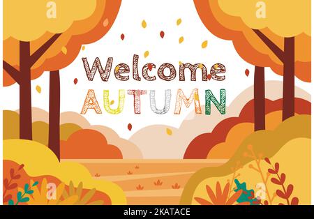 Herbst Hintergrund Design Vektor Bild. Herbstlandschaft im flachen Design. Herbstsaison Ahorn- und Eichenblätter mit Grußtext im Hintergrund des leeren Raums Stock Vektor