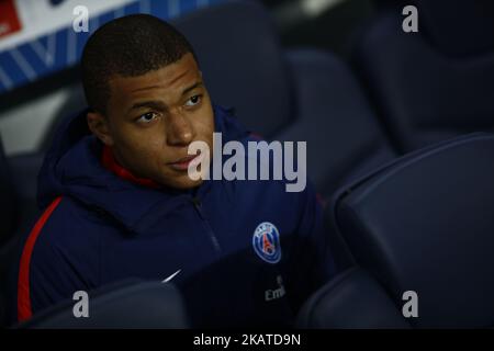 Frankreichs Stürmer Kylian Mbappe reagiert während des französischen Fußballspiels L1 zwischen Paris Saint-Germain (PSG) und Nantes (FCN) am 18. November 2017 im Stadion Parc des Princes in Paris. (Foto von Mehdi Taamallah/NurPhoto) Stockfoto