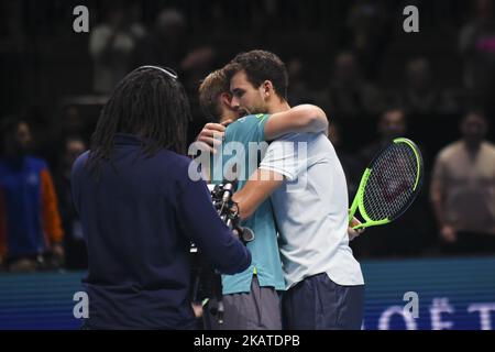 Grigor Dimitrov aus Bulgarien feiert den Sieg nach dem Einzel-Finale gegen den Belgier David Goffin am 8. Tag der Nitto ATP World Tour Finals 2017 in der O2 Arena am 19. November 2017 in London, England. (Foto von Alberto Pezzali/NurPhoto) Stockfoto