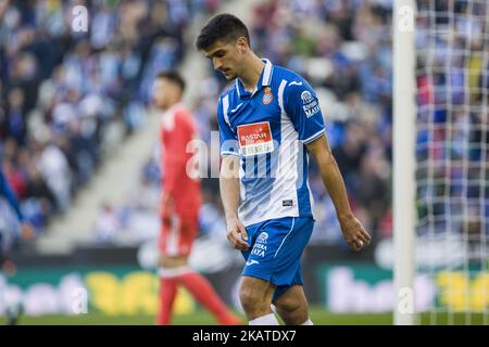 RCD Espanyol-Stürmer Gerard Moreno (7) während des Spiels zwischen RCD Espanyol und Valencia CF, für die Runde 12 der Liga Santander, spielte am 19.. November 2017 im Stadion RCD Espanyol in Barcelona, Spanien. (Foto von Urbanandsport/NurPhoto) Stockfoto