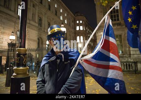 Ein Anti-Brexit-Demonstrator schwenkt am 21. November 2017 vor der Downing Street, London, die EU-Flagge und die EU-Flagge. Der Protest fand am Abend vor dem Budget Day statt. Im Vereinigten Königreich ist der Budgettag der Tag, an dem der Schatzkanzler den Haushalt an das Kabinett und dann an das Unterhaus übergibt. (Foto von Alberto Pezzali/NurPhoto) Stockfoto
