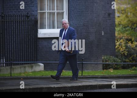 Der Vorsitzende der britischen Konservativen Partei und Kanzler des Herzogtums Lancaster, Patrick McLoughlin, trifft am 28. November 2017 zur wöchentlichen Kabinettssitzung in London in der Downing Street ein. (Foto von Alberto Pezzali/NurPhoto) Stockfoto