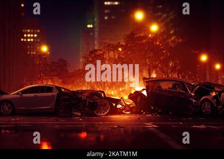 Ein städtischer Autounfall in einer Stadt in der Nacht, bei dem beschädigte und zertrümmerte Autowracks nach Verkehrsunfällen überrollt werden. Nach einem Unfall, Autos rauchen Stockfoto