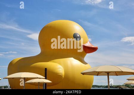 Die größte Gummiente der Welt kam am 03. Juli 2017 in Toronto, Ontario, Kanada, an. Die riesige Gummiente besuchte die Stadt Toronto im Rahmen des Redpath Waterfront Festivals. Die 13.600 kg schwere aufblasbare Ente wurde vom niederländischen Künstler Florentijn Hofman kreiert und ist mehr als 27 Meter lang und fast sechs Stockwerke hoch. (Foto von Creative Touch Imaging Ltd./NurPhoto) Stockfoto