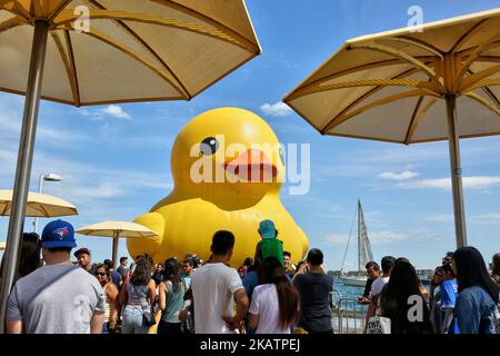 Die größte Gummiente der Welt kam am 03. Juli 2017 in Toronto, Ontario, Kanada, an. Die riesige Gummiente besuchte die Stadt Toronto im Rahmen des Redpath Waterfront Festivals. Die 13.600 kg schwere aufblasbare Ente wurde vom niederländischen Künstler Florentijn Hofman kreiert und ist mehr als 27 Meter lang und fast sechs Stockwerke hoch. (Foto von Creative Touch Imaging Ltd./NurPhoto) Stockfoto