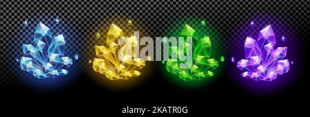 Bunte Magie glänzende Kristalle Ressourcen auf einem transparenten Hintergrund, Spiel-Design, Vektor-Illustration isoliert gesetzt. Stock Vektor