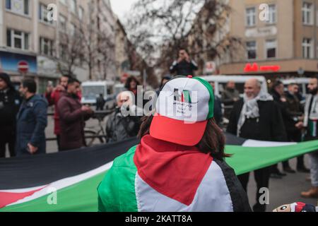 Am 10. Dezember 2017 wird in Berlin eine Demonstration gegen die Anerkennung Jerusalems als Israels Hauptstadt durch US-Präsident Donald Trump veranstaltet. (Foto von Eric Cortes/NurPhoto) Stockfoto