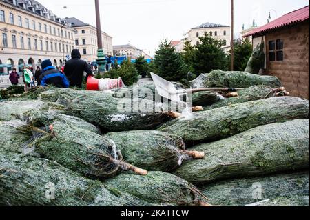 Dezember 12., München. Die kälteste Luft der Saison konnte in München während des ganzen letzten Wochenendes spüren. In den Tagen vor dem Weihnachtstag war München, eine der wichtigsten Städte Deutschlands, voll mit Touristen, die den Schnee und die vielen Sehenswürdigkeiten der Stadt genossen. München, die Hauptstadt Bayerns und drittgrößte Stadt Deutschlands, liegt an der Isar am Rande der bayerischen Alpen. Im Mittelpunkt der historischen Münchner Innenstadt steht der große offene Platz, der Marienplatz, wo sich die Alt- und Neustädter Hallen befinden. (Foto von Romy Arroyo Fernandez/NurPhoto) Stockfoto