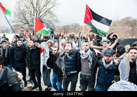 Nachdem der amerikanische Präsident Donald Trump Jerusalem zur Hauptstadt Israels ernannt und die Vorbereitungen für den Umzug der US-Botschaft von Tel Aviv nach Jerusalem bekannt gegeben hat, Die palästinensische Gemeinschaft in den Niederlanden kündigte am 12. Dezember 2017 eine massive Demonstration in Den Haag an, wo sich die amerikanische Botschaft befindet. Rund 200 Menschen versammelten sich, um gegen Palästina zu protestieren und ihre Unterstützung zu zeigen. Es gab einige Spannungen, als einige der Demonstranten versuchten, vor der amerikanischen Botschaft zu demonstrieren, aber die Polizei und auch der Rest der Demonstranten hielten die Dinge in Ruhe. (Foto von Romy Arroyo Stockfoto