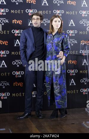 David Vardaguer und Barbara Lenie nehmen an der Pressekonferenz „Kandidaten für den Goya Cinema Award 2017“ in der Academia de Cine am 13. Dezember 2017 in Madrid, Spanien, Teil. (Foto von Oscar Gonzalez/NurPhoto) Stockfoto