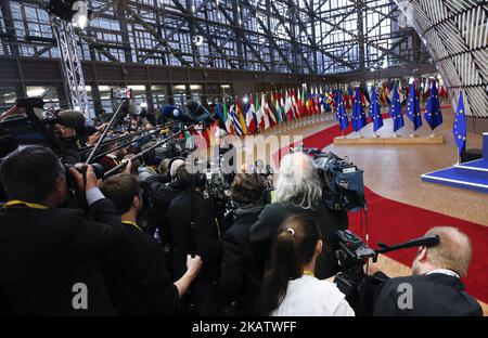 Theresa May, Premierministerin des Vereinigten Königreichs, kommt zum Europäischen Rat am 14. Dezember 2017 ins Europa-Gebäude in Brüssel, Belgien. (Foto von Dominika Zarzycka/NurPhoto) Stockfoto