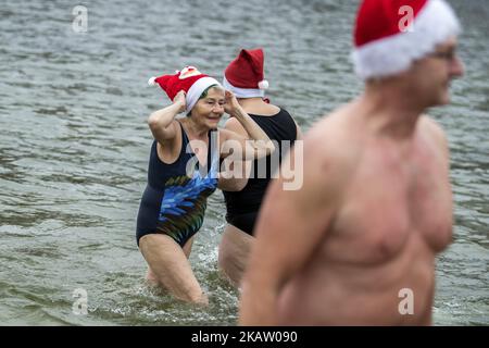 Am 25. Dezember 2017 besuchen Mitglieder des Schwimmvereins 'Berliner Seehunde' ihr traditionelles Eis-Weihnachtsschwimmbad im Berliner Orankesee. (Foto von Emmanuele Contini/NurPhoto) Stockfoto