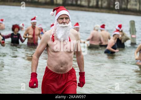 Am 25. Dezember 2017 besuchen Mitglieder des Schwimmvereins 'Berliner Seehunde' ihr traditionelles Eis-Weihnachtsschwimmbad im Berliner Orankesee. (Foto von Emmanuele Contini/NurPhoto) Stockfoto