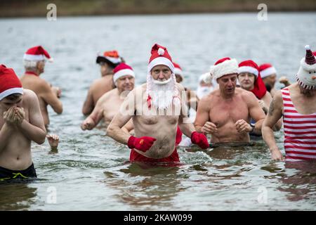 Am 25. Dezember 2017 besuchen Mitglieder des Schwimmvereins 'Berliner Seehunde' ihr traditionelles Eis-Weihnachtsschwimmbad im Berliner Orankesee. (Foto von Emmanuele Contini/NurPhoto) Stockfoto