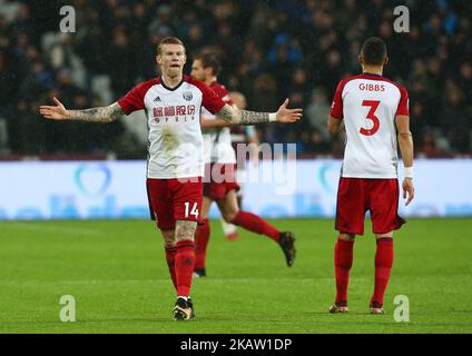 James McClean von West Bromwich Albion feiert sein Tor während des Premier League-Spiels von West Ham United gegen West Bromwich Albion (WBA) im London Stadium, Queen Elizabeth II Olympic Park, London, Großbritannien - 02. Jan 2018 (Foto von Kieran Galvin/NurPhoto) Stockfoto