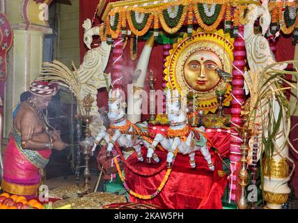 Der tamilische Hindu-Priester betet am 14. Januar 2018 während des Thai Pongal Festivals in einem tamilischen Hindu-Tempel in Ontario, Kanada, besonders für den Sonnengott. Das tamilische Fest des thailändischen Pongal ist ein Dankfest zu Ehren des Sonnengottes (Lord Surya) und feiert eine erfolgreiche Ernte. (Foto von Creative Touch Imaging Ltd./NurPhoto) Stockfoto