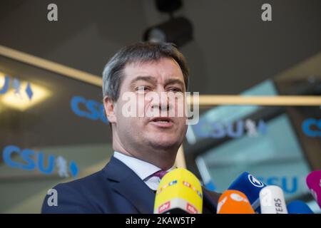 Zukünftiger bayerischer Landeshauptmann Markus Soeder. Die Christlich-Soziale Union (CSU) hat nach den Erkundungsgesprächen für eine neue deutsche Regierung mit der Christlich-Demokratischen Union (CDU) und der Sozialdemokratischen Partei (SPD) in Berlin eine Vorstandssitzung abgehalten. CSU-Chef Horst Seehofer leitete das Treffen am 15. Januar 2018 in München. (Foto von Alexander Pohl/NurPhoto) Stockfoto