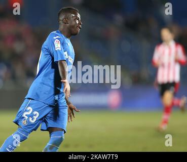 Amath Ndiaye Diedhiou reagiert während des La Liga-Spiels zwischen Getafe und Athletic Club im Coliseum Alfonso Perez am 19. Januar 2018 in Getafe, Spanien. (Foto von Raddad Jebarah/NurPhoto) Stockfoto