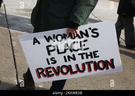 Frau mit einem Schild, auf dem steht: „Eine Frau ist in der Revolution“, während Hunderte am Frauenmarsch im Zentrum von Toronto, Kanada, am 20. Januar 2018 teilnehmen. (Foto von Creative Touch Imaging Ltd./NurPhoto) Stockfoto